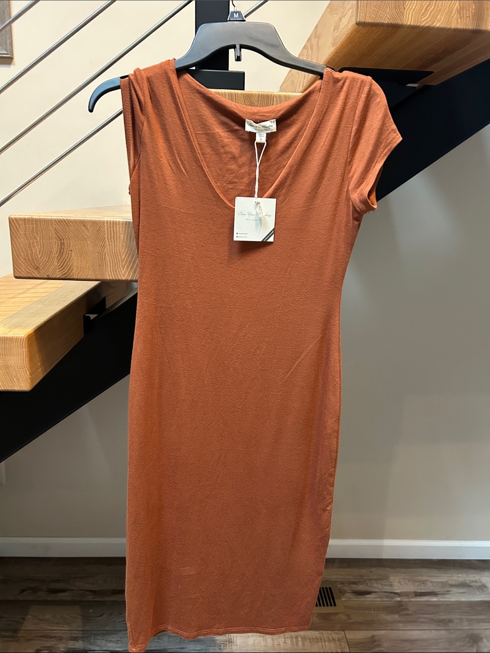 See You Monday Rust V-Neck Cap Sleeve Midi Dress